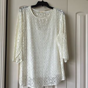 Women's Crochet Knit Ivory Blouse with 3/4 Sleeves and Tank Top | Plus Size XL